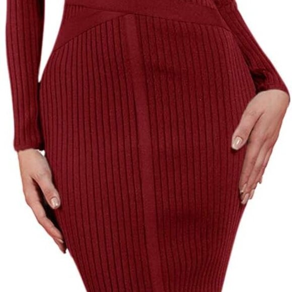 Red Long Sleeve Bodycon Dress with Mock Neck - Picture 4 of 13